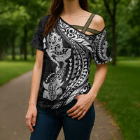 Hawaiian Manta Ray and Hammerhead Shark Tribal Tattoo Cross Shoulder Shirt with Polynesian Tribal Pattern Black-White Color LT03 - Polynesian Pride