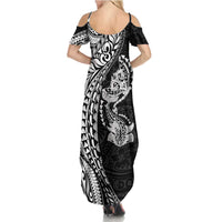 Hawaiian Manta Ray and Hammerhead Shark Tribal Tattoo Family Matching Summer Maxi Dress and Hawaiian Shirt with Polynesian Tribal Pattern Black-White Color LT03 - Polynesian Pride