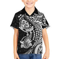 Hawaiian Manta Ray and Hammerhead Shark Tribal Tattoo Family Matching Summer Maxi Dress and Hawaiian Shirt with Polynesian Tribal Pattern Black-White Color LT03 Son's Shirt Multicolor - Polynesian Pride