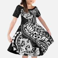 Hawaiian Manta Ray and Hammerhead Shark Tribal Tattoo Kid Short Sleeve Dress with Polynesian Tribal Pattern Black-White Color LT03 KID Multicolor - Polynesian Pride