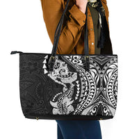 Hawaiian Manta Ray and Hammerhead Shark Tribal Tattoo Leather Tote Bag with Polynesian Tribal Pattern Black-White Color LT03 - Polynesian Pride