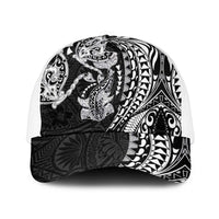 Hawaiian Manta Ray and Hammerhead Shark Tribal Tattoo Mesh Trucker Cap with Polynesian Tribal Pattern Black-White Color