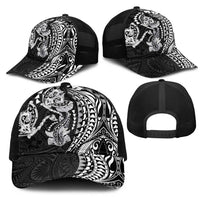 Hawaiian Manta Ray and Hammerhead Shark Tribal Tattoo Mesh Trucker Cap with Polynesian Tribal Pattern Black-White Color
