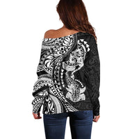 Hawaiian Manta Ray and Hammerhead Shark Tribal Tattoo Off Shoulder Sweater with Polynesian Tribal Pattern Black-White Color LT03 - Polynesian Pride