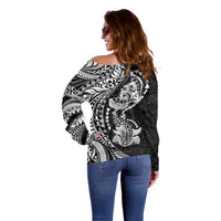 Hawaiian Manta Ray and Hammerhead Shark Tribal Tattoo Off Shoulder Sweater with Polynesian Tribal Pattern Black-White Color LT03 - Polynesian Pride