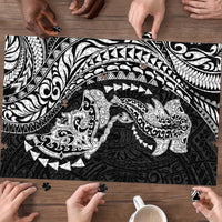 Hawaiian Manta Ray and Hammerhead Shark Tribal Tattoo Puzzle with Polynesian Tribal Pattern Black-White Color