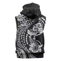 Hawaiian Manta Ray and Hammerhead Shark Tribal Tattoo Sleeveless Zip Hoodie with Polynesian Tribal Pattern Black-White Color LT03 - Polynesian Pride