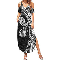 Hawaiian Manta Ray and Hammerhead Shark Tribal Tattoo Summer Maxi Dress with Polynesian Tribal Pattern Black-White Color LT03 Women Multicolor - Polynesian Pride