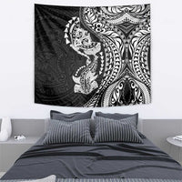 Hawaiian Manta Ray and Hammerhead Shark Tribal Tattoo Tapestry with Polynesian Tribal Pattern Black-White Color