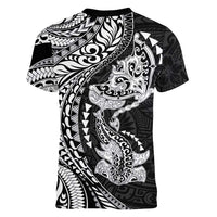 Hawaiian Manta Ray and Hammerhead Shark Tribal Tattoo Women V-Neck T-Shirt with Polynesian Tribal Pattern Black-White Color