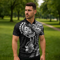 Hawaiian Manta Ray and Hammerhead Shark Tribal Tattoo Zipper Polo Shirt with Polynesian Tribal Pattern Black-White Color LT03 - Polynesian Pride