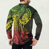 Hawaiian Manta Ray and Hammerhead Shark Tribal Tattoo Button Sweatshirt with Polynesian Tribal Pattern Reggae Style