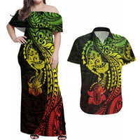 Hawaiian Manta Ray and Hammerhead Shark Tribal Tattoo Couples Matching Off Shoulder Maxi Dress and Hawaiian Shirt with Polynesian Tribal Pattern Reggae Style