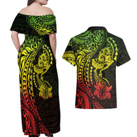 Hawaiian Manta Ray and Hammerhead Shark Tribal Tattoo Couples Matching Off Shoulder Maxi Dress and Hawaiian Shirt with Polynesian Tribal Pattern Reggae Style