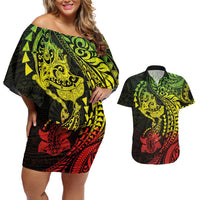 Hawaiian Manta Ray and Hammerhead Shark Tribal Tattoo Couples Matching Off Shoulder Short Dress and Hawaiian Shirt with Polynesian Tribal Pattern Reggae Style