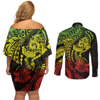 Hawaiian Manta Ray and Hammerhead Shark Tribal Tattoo Couples Matching Off Shoulder Short Dress and Long Sleeve Button Shirt with Polynesian Tribal Pattern Reggae Style LT03 - Polynesian Pride