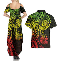 Hawaiian Manta Ray and Hammerhead Shark Tribal Tattoo Couples Matching Summer Maxi Dress and Hawaiian Shirt with Polynesian Tribal Pattern Reggae Style