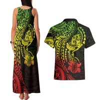 Hawaiian Manta Ray and Hammerhead Shark Tribal Tattoo Couples Matching Tank Maxi Dress and Hawaiian Shirt with Polynesian Tribal Pattern Reggae Style