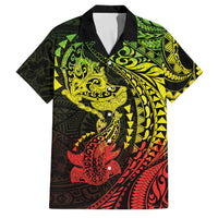 Hawaiian Manta Ray and Hammerhead Shark Tribal Tattoo Family Matching Summer Maxi Dress and Hawaiian Shirt with Polynesian Tribal Pattern Reggae Style LT03 Dad's Shirt - Short Sleeve Multicolor - Polynesian Pride