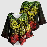 Hawaiian Manta Ray and Hammerhead Shark Tribal Tattoo Kimono Sleeve Blouse with Polynesian Tribal Pattern Reggae Style LT03 - Polynesian Pride