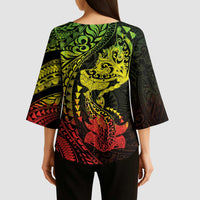 Hawaiian Manta Ray and Hammerhead Shark Tribal Tattoo Kimono Sleeve Blouse with Polynesian Tribal Pattern Reggae Style LT03 - Polynesian Pride