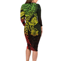 Hawaiian Manta Ray and Hammerhead Shark Tribal Tattoo Long Sleeve Bodycon Dress with Polynesian Tribal Pattern Reggae Style LT03 - Polynesian Pride