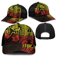 Hawaiian Manta Ray and Hammerhead Shark Tribal Tattoo Mesh Trucker Cap with Polynesian Tribal Pattern Reggae Style