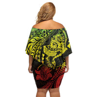 Hawaiian Manta Ray and Hammerhead Shark Tribal Tattoo Off Shoulder Short Dress with Polynesian Tribal Pattern Reggae Style LT03 - Polynesian Pride