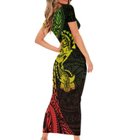 Hawaiian Manta Ray and Hammerhead Shark Tribal Tattoo Short Sleeve Bodycon Dress with Polynesian Tribal Pattern Reggae Style LT03 - Polynesian Pride