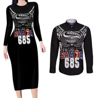 Super Samoa-Six Eight Five to The World Couples Matching Long Sleeve Bodycon Dress and Long Sleeve Button Shirt Traditional Samoan Tattoo Black Color