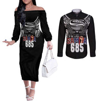 Super Samoa-Six Eight Five to The World Couples Matching Off The Shoulder Long Sleeve Dress and Long Sleeve Button Shirt Traditional Samoan Tattoo Black Color
