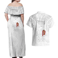 Super Samoa-Six Eight Five to The World Couples Matching Off Shoulder Maxi Dress and Hawaiian Shirt Traditional Samoan Tattoo All White LT03 - Polynesian Pride