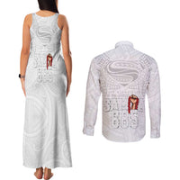 Super Samoa-Six Eight Five to The World Couples Matching Tank Maxi Dress and Long Sleeve Button Shirt Traditional Samoan Tattoo All White LT03 - Polynesian Pride