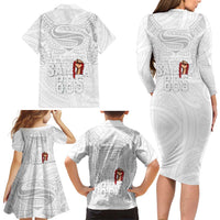 Super Samoa-Six Eight Five to The World Family Matching Long Sleeve Bodycon Dress and Hawaiian Shirt Traditional Samoan Tattoo All White LT03 - Polynesian Pride