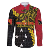 Papua New Guinea Independence Day Family Matching Mermaid Dress and Hawaiian Shirt Bird-of-paradise Melanesian Tattoo LT03 Dad's Shirt - Long Sleeve Red - Polynesian Pride
