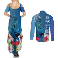 Polynesian Fiji Couples Matching Summer Maxi Dress and Long Sleeve Button Shirts Shark and Hibiscus Tapa Pattern Blue Version LT03 - Polynesian Pride