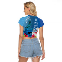 Polynesian Fiji Raglan Cropped T Shirt Shark and Hibiscus Tapa Pattern Blue Version LT03 - Polynesian Pride