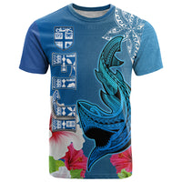 Polynesian Fiji T Shirt Shark and Hibiscus Tapa Pattern Blue Version LT03 Blue - Polynesian Pride