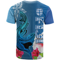 Polynesian Fiji T Shirt Shark and Hibiscus Tapa Pattern Blue Version LT03 - Polynesian Pride
