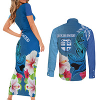 Custom Polynesian Fiji Couples Matching Short Sleeve Bodycon Dress and Long Sleeve Button Shirts Shark and Hibiscus Tapa Pattern Blue Version LT03 - Polynesian Pride