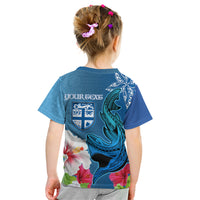 Custom Polynesian Fiji Kid T Shirt Shark and Hibiscus Tapa Pattern Blue Version LT03 - Polynesian Pride