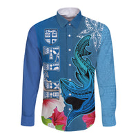 Custom Polynesian Fiji Long Sleeve Button Shirt Shark and Hibiscus Tapa Pattern Blue Version LT03 Unisex Blue - Polynesian Pride