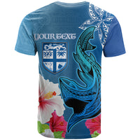 Custom Polynesian Fiji T Shirt Shark and Hibiscus Tapa Pattern Blue Version LT03 - Polynesian Pride