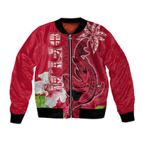 Polynesian Fiji Bomber Jacket Shark and Hibiscus Tapa Pattern Red Version LT03 Unisex Red - Polynesian Pride