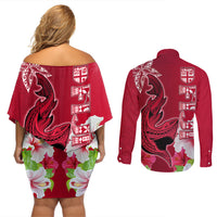 Polynesian Fiji Couples Matching Off Shoulder Short Dress and Long Sleeve Button Shirts Shark and Hibiscus Tapa Pattern Red Version LT03 - Polynesian Pride