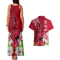 Polynesian Fiji Couples Matching Tank Maxi Dress and Hawaiian Shirt Shark and Hibiscus Tapa Pattern Red Version LT03 - Polynesian Pride