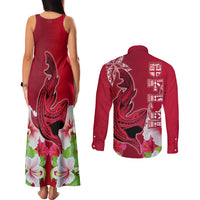 Polynesian Fiji Couples Matching Tank Maxi Dress and Long Sleeve Button Shirts Shark and Hibiscus Tapa Pattern Red Version LT03 - Polynesian Pride