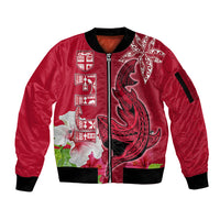 Polynesian Fiji Sleeve Zip Bomber Jacket Shark and Hibiscus Tapa Pattern Red Version LT03 Unisex Red - Polynesian Pride
