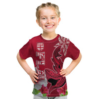 Custom Polynesian Fiji Kid T Shirt Shark and Hibiscus Tapa Pattern Red Version LT03 Red - Polynesian Pride