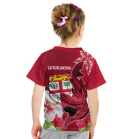 Custom Polynesian Fiji Kid T Shirt Shark and Hibiscus Tapa Pattern Red Version LT03 - Polynesian Pride